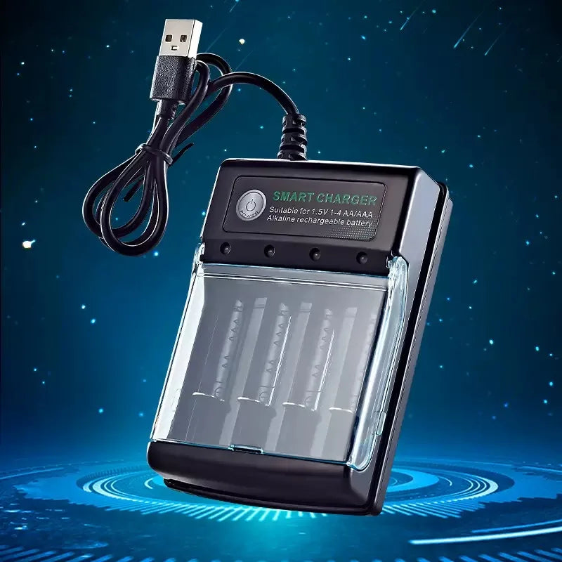 PowerCell Smart USB AA Charger with Cover – 4 Independent Slots, 1.5V Rechargeable