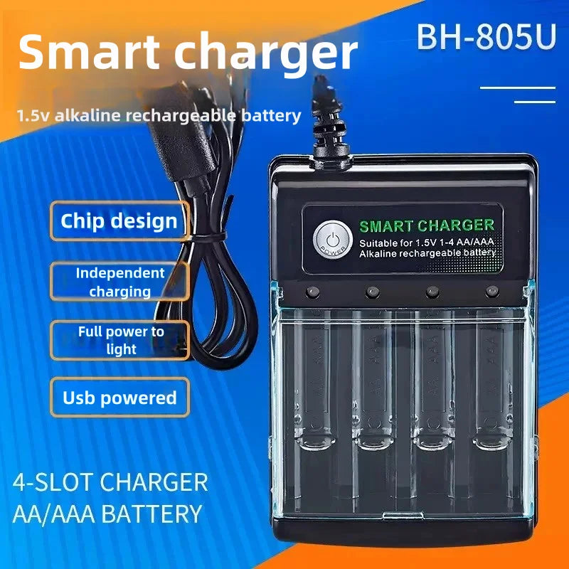 PowerCell Smart USB AA Charger with Cover – 4 Independent Slots, 1.5V Rechargeable