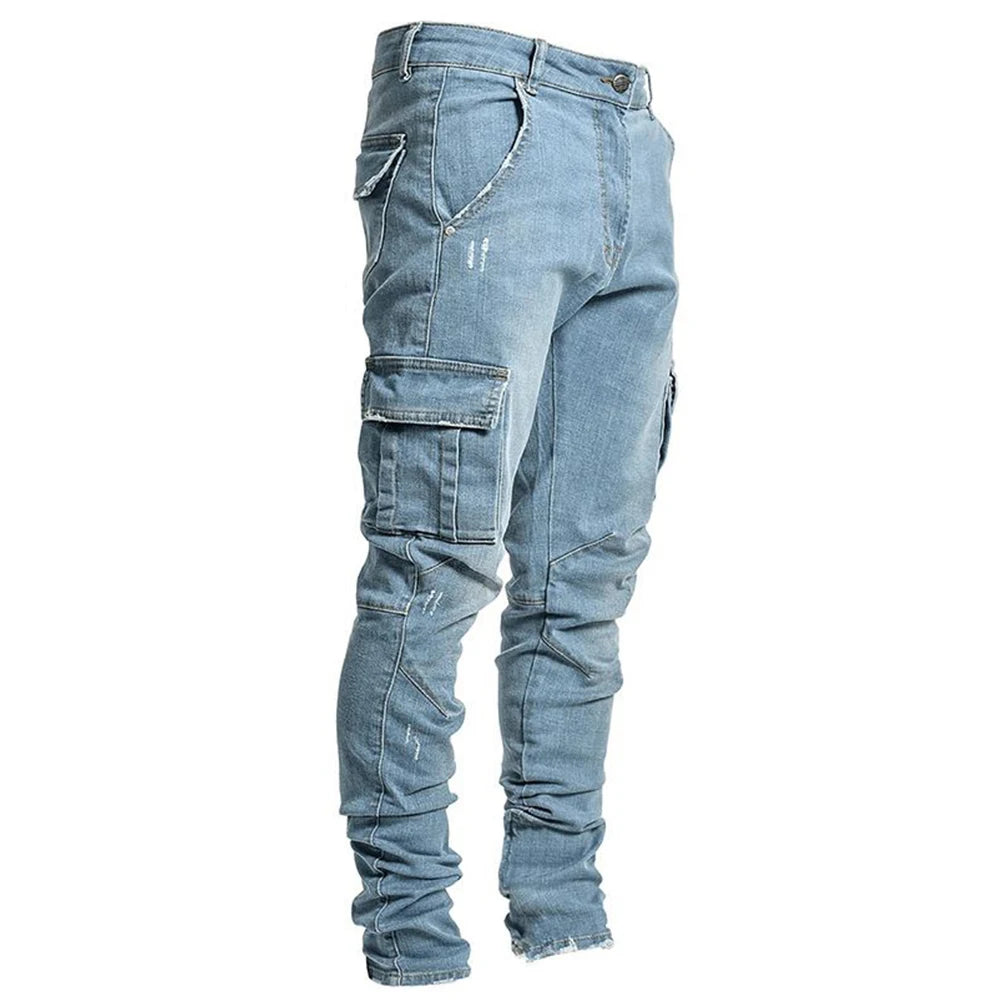 Men's Denim Cargo Pants, Slim Fit Joggers, Multi Pocket Jeans, Casual Streetwear Trousers