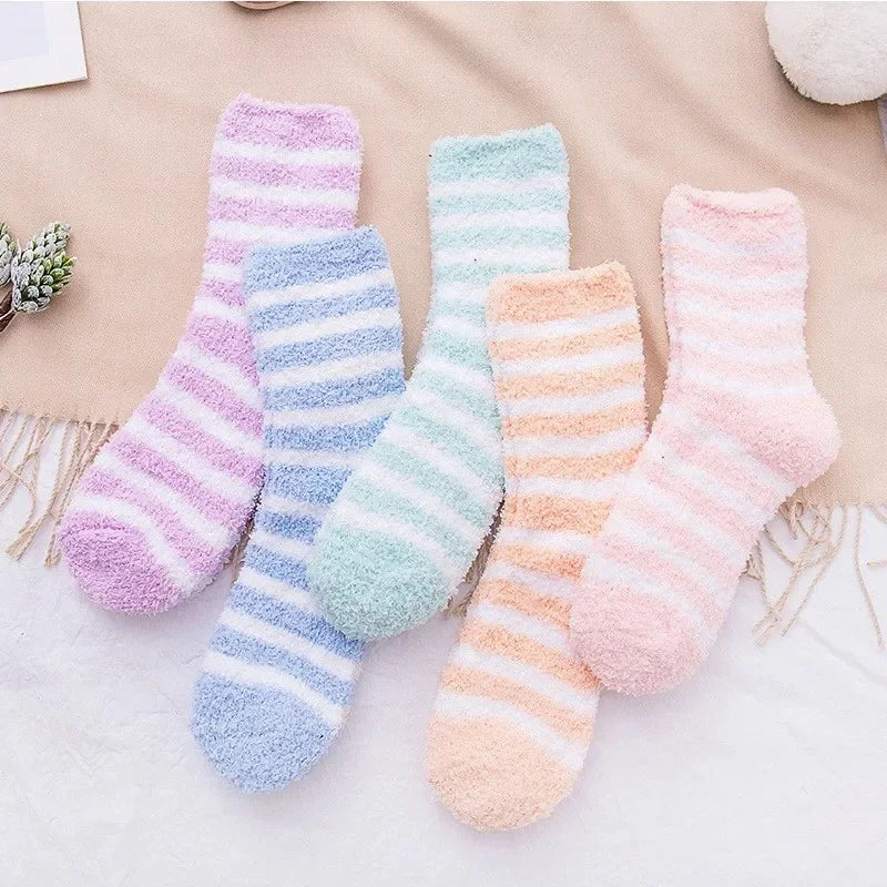 SoftHaven™ Thermal Fleece Socks for Women – Thickened Mid-Calf Winter Lounge Socks with Striped Design