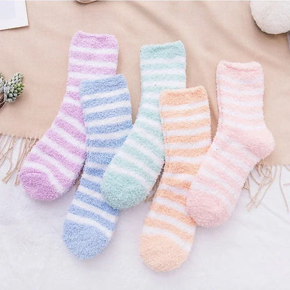 SoftHaven™ Thermal Fleece Socks for Women – Thickened Mid-Calf Winter Lounge Socks with Striped Design