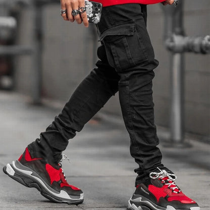 Men's Denim Cargo Pants, Slim Fit Joggers, Multi Pocket Jeans, Casual Streetwear Trousers