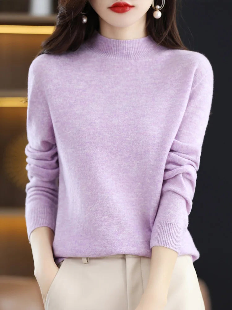 Luxury Women's 100% Wool Mock Neck Jumper – Soft Cashmere Feel Long Sleeve Knitwear