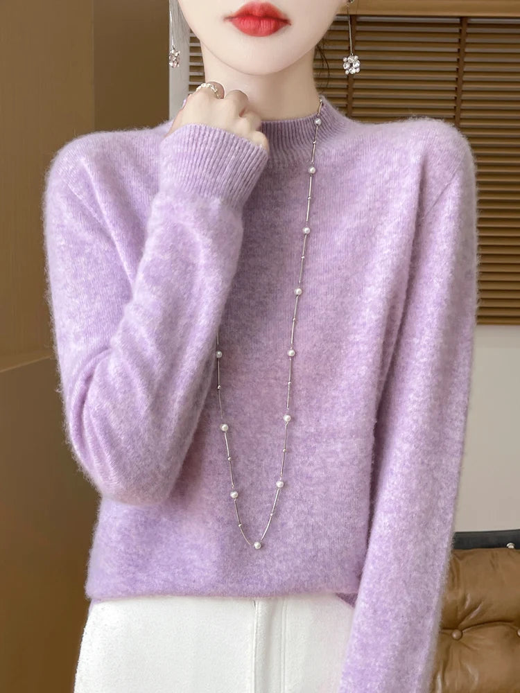 Luxury Women's 100% Wool Mock Neck Jumper – Soft Cashmere Feel Long Sleeve Knitwear