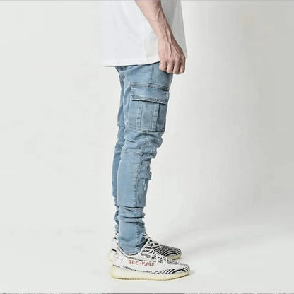 Men's Denim Cargo Pants, Slim Fit Joggers, Multi Pocket Jeans, Casual Streetwear Trousers