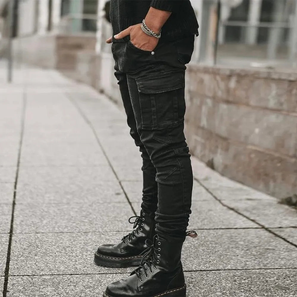 Men's Denim Cargo Pants, Slim Fit Joggers, Multi Pocket Jeans, Casual Streetwear Trousers