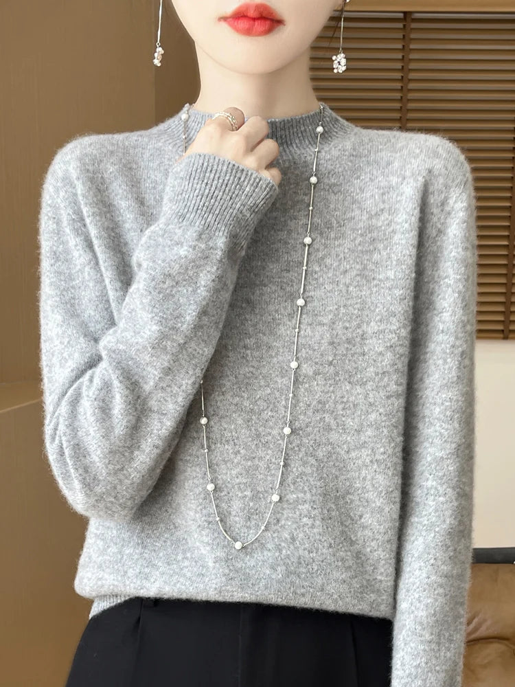 Luxury Women's 100% Wool Mock Neck Jumper – Soft Cashmere Feel Long Sleeve Knitwear