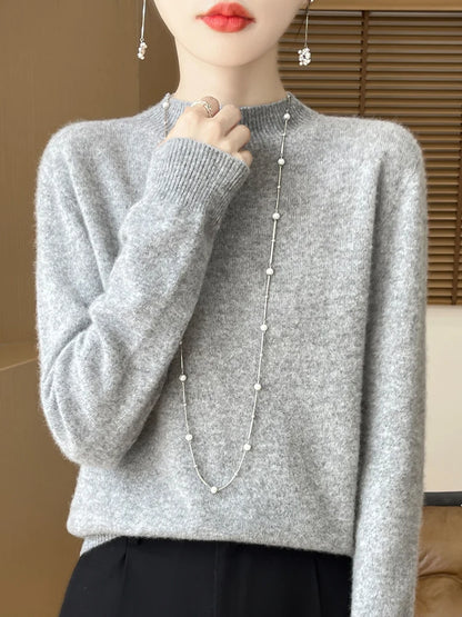 Luxury Women's 100% Wool Mock Neck Jumper – Soft Cashmere Feel Long Sleeve Knitwear