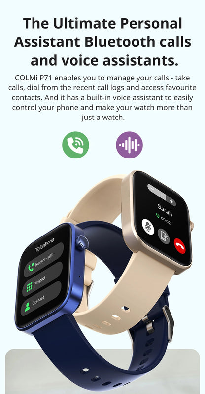 Relógio Inteligente COLMI P71 ActiveVoice – Smartwatch à prova d'água IP68 com monitoramento de saúde para homens e mulheres
