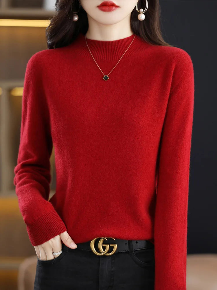 Luxury Women's 100% Wool Mock Neck Jumper – Soft Cashmere Feel Long Sleeve Knitwear