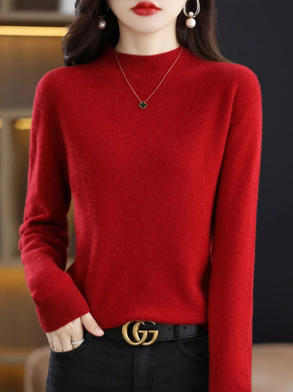 Luxury Women's 100% Wool Mock Neck Jumper – Soft Cashmere Feel Long Sleeve Knitwear