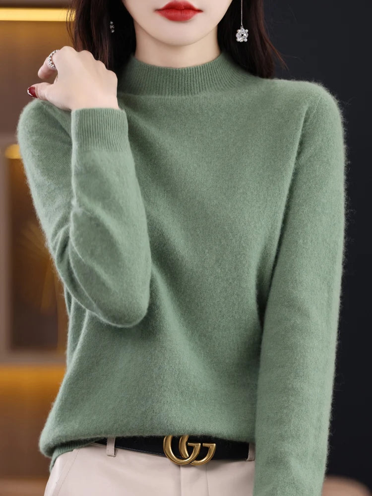 Luxury Women's 100% Wool Mock Neck Jumper – Soft Cashmere Feel Long Sleeve Knitwear