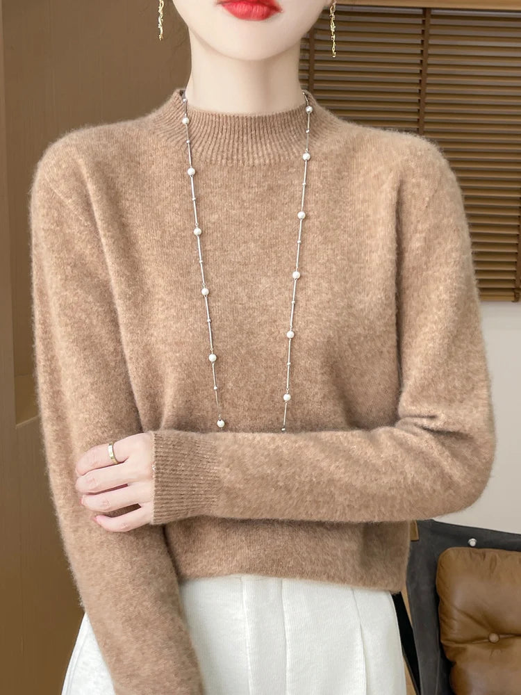 Luxury Women's 100% Wool Mock Neck Jumper – Soft Cashmere Feel Long Sleeve Knitwear