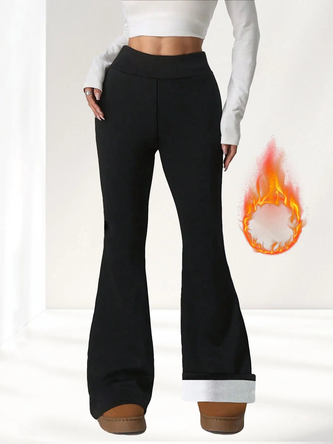 Women's Thermal Fleece Lined Flared Trousers – Warm Wool-Lined Winter Stretch Leggings