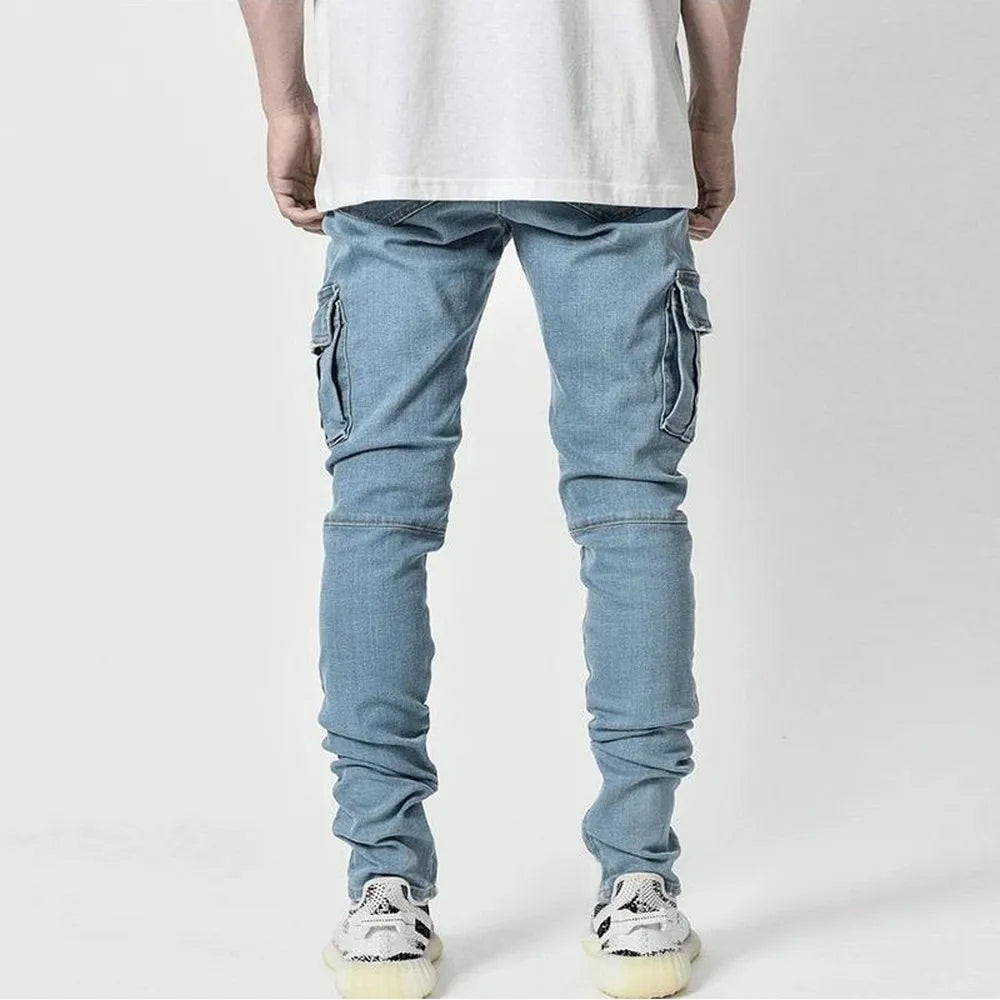Men's Denim Cargo Pants, Slim Fit Joggers, Multi Pocket Jeans, Casual Streetwear Trousers
