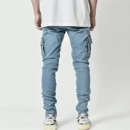 Men's Denim Cargo Pants, Slim Fit Joggers, Multi Pocket Jeans, Casual Streetwear Trousers