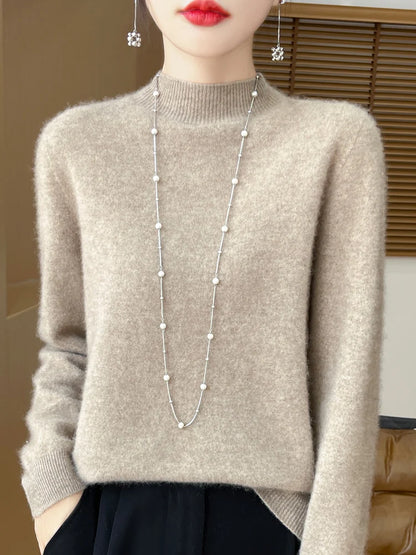 Luxury Women's 100% Wool Mock Neck Jumper – Soft Cashmere Feel Long Sleeve Knitwear