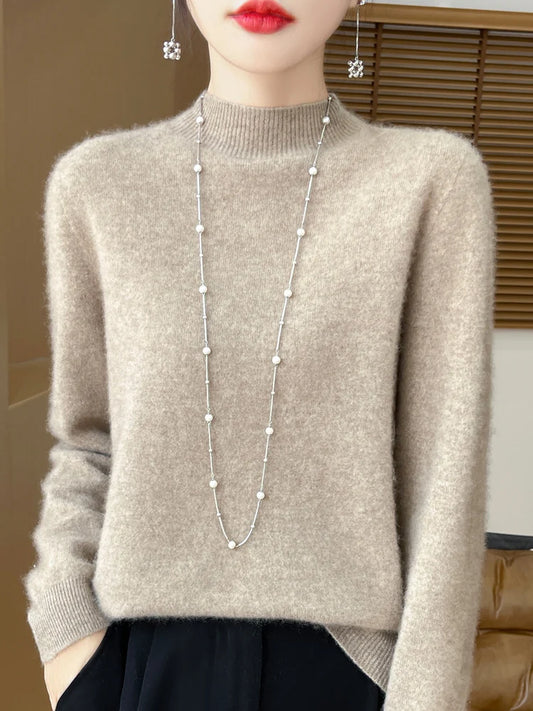 Luxury Women's 100% Wool Mock Neck Jumper – Soft Cashmere Feel Long Sleeve Knitwear