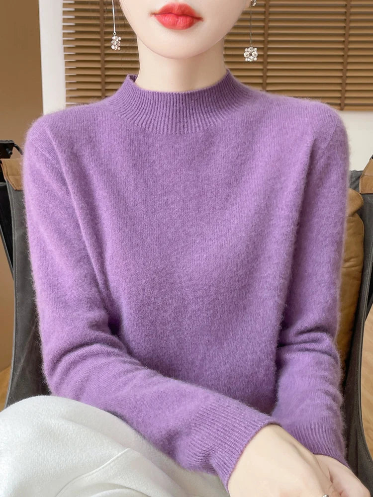 Luxury Women's 100% Wool Mock Neck Jumper – Soft Cashmere Feel Long Sleeve Knitwear