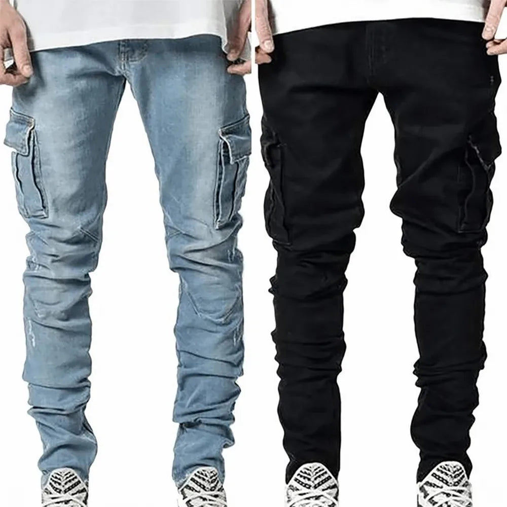 Men's Denim Cargo Pants, Slim Fit Joggers, Multi Pocket Jeans, Casual Streetwear Trousers