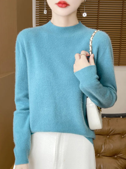Luxury Women's 100% Wool Mock Neck Jumper – Soft Cashmere Feel Long Sleeve Knitwear
