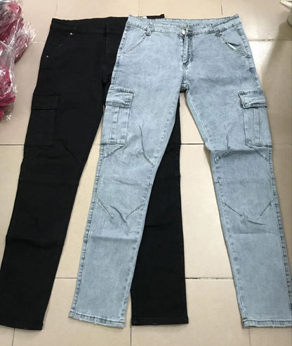Men's Denim Cargo Pants, Slim Fit Joggers, Multi Pocket Jeans, Casual Streetwear Trousers