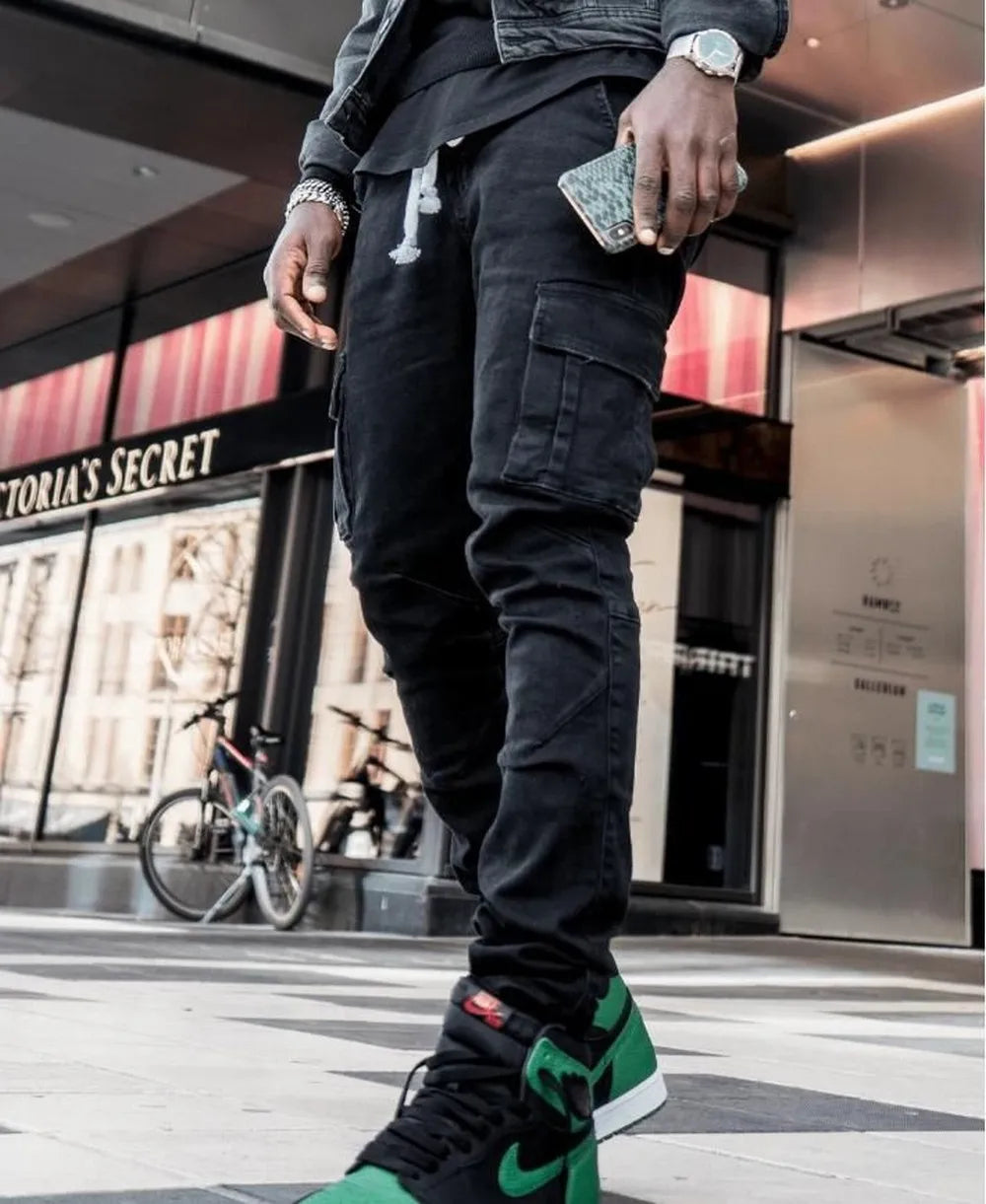 Men's Denim Cargo Pants, Slim Fit Joggers, Multi Pocket Jeans, Casual Streetwear Trousers