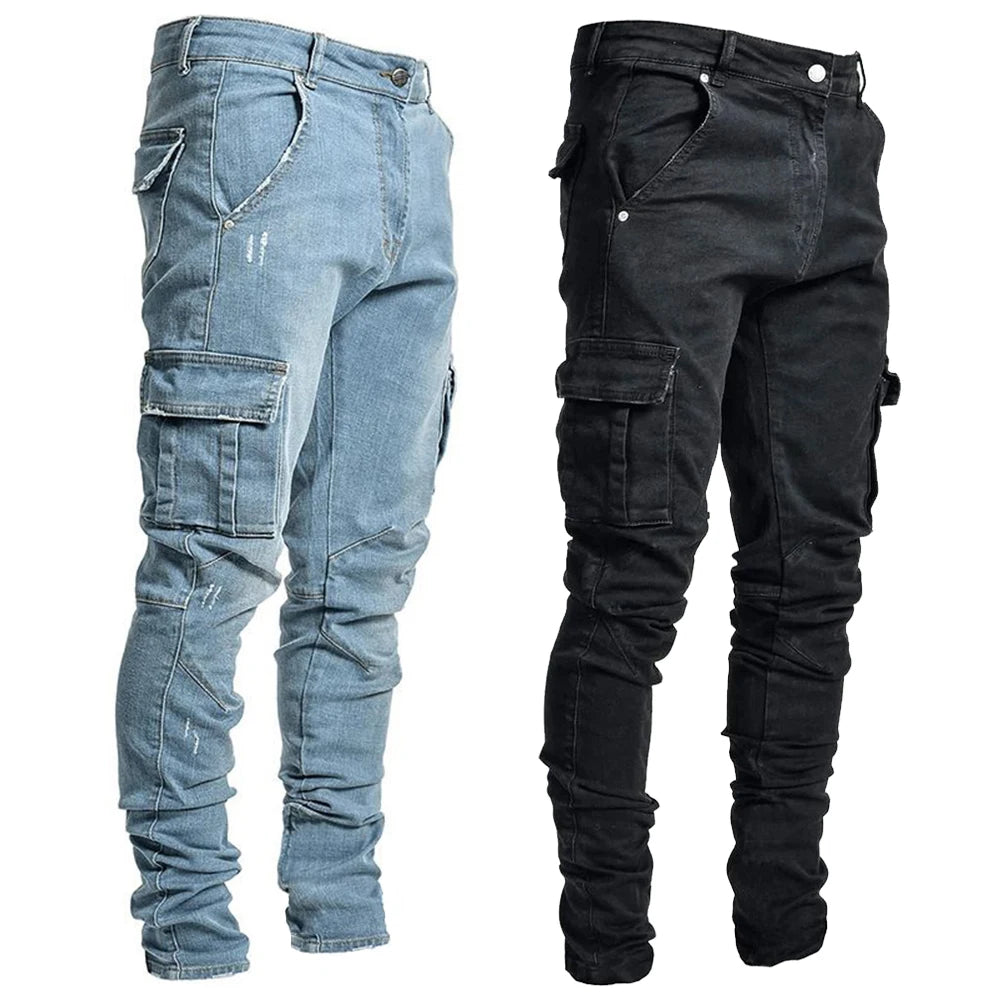 Men's Denim Cargo Pants, Slim Fit Joggers, Multi Pocket Jeans, Casual Streetwear Trousers