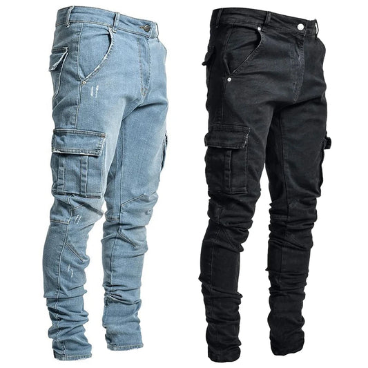 Men's Denim Cargo Pants, Slim Fit Joggers, Multi Pocket Jeans, Casual Streetwear Trousers