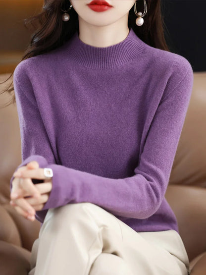 Luxury Women's 100% Wool Mock Neck Jumper – Soft Cashmere Feel Long Sleeve Knitwear