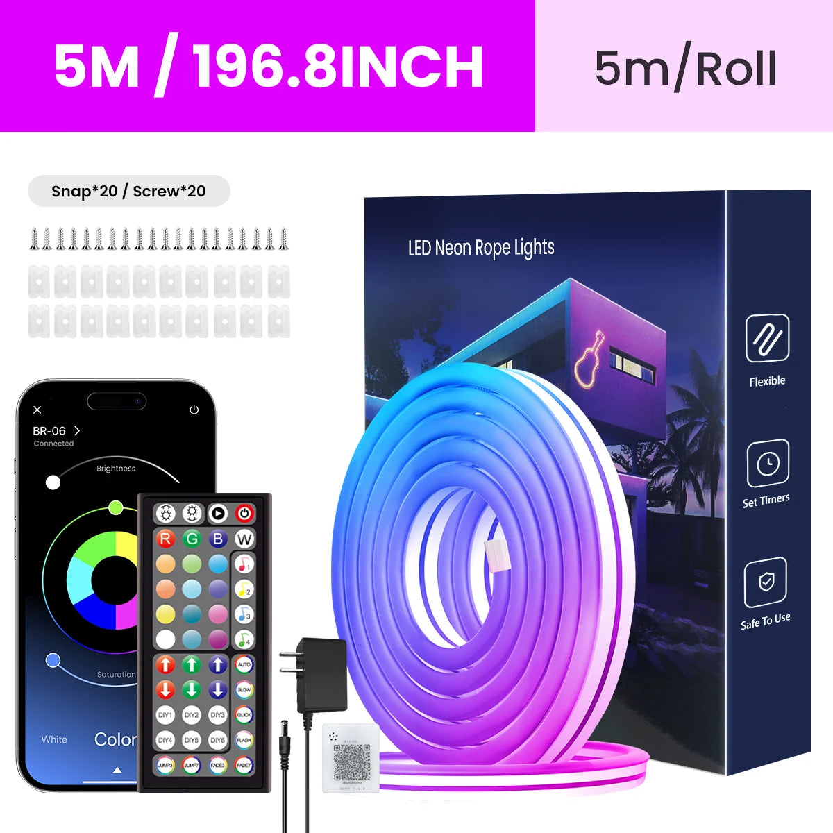 NeonFlex™ RGB LED Strip Lights – App &amp; Remote Controlled Neon Rope Lamp with Music Sync &amp; Waterproof Design