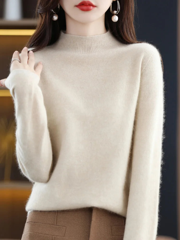 Luxury Women's 100% Wool Mock Neck Jumper – Soft Cashmere Feel Long Sleeve Knitwear