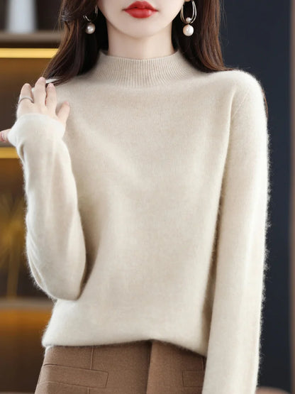Luxury Women's 100% Wool Mock Neck Jumper – Soft Cashmere Feel Long Sleeve Knitwear