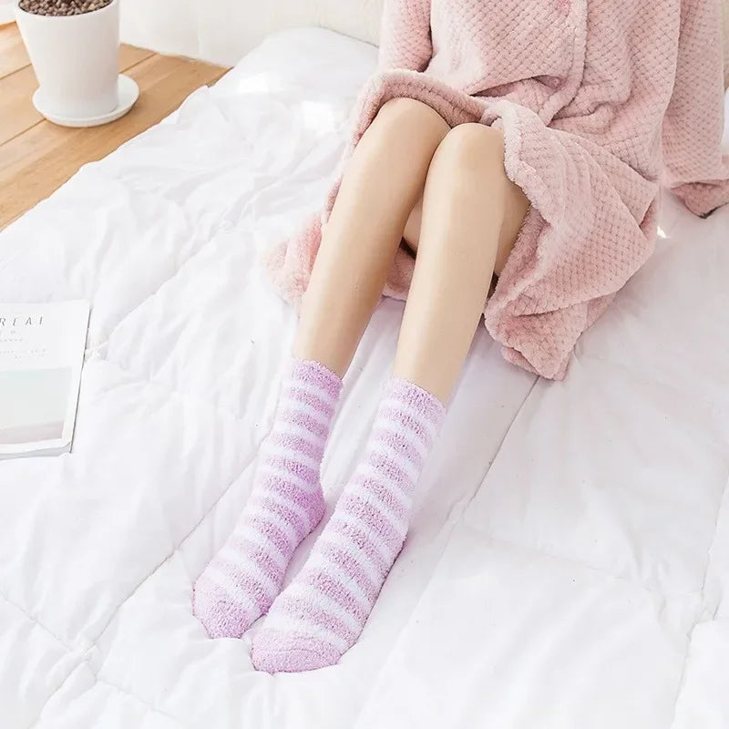 SoftHaven™ Thermal Fleece Socks for Women – Thickened Mid-Calf Winter Lounge Socks with Striped Design
